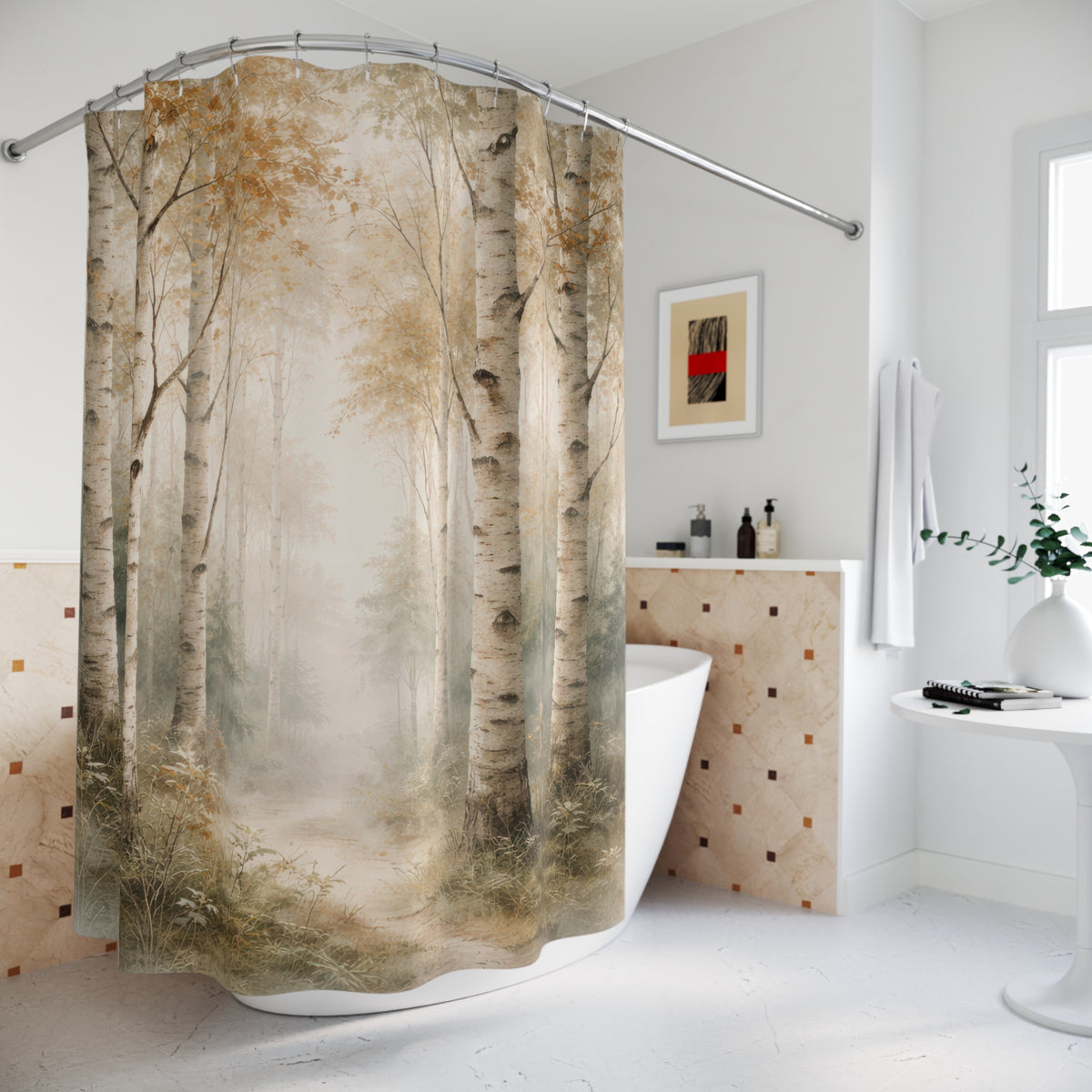 Birch Forest Shower Curtain – Beige and Sage