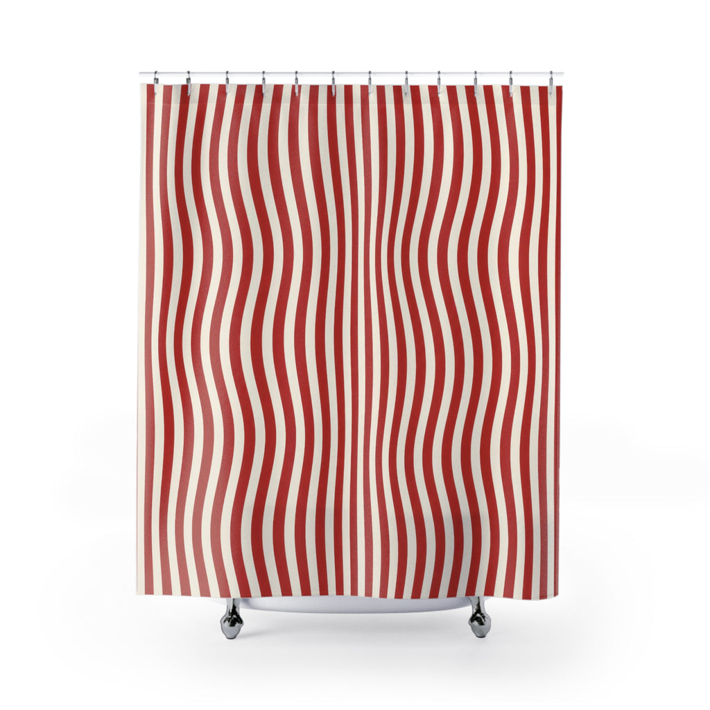 Red and White Striped Shower Curtain: Wavy Vertical Stripe