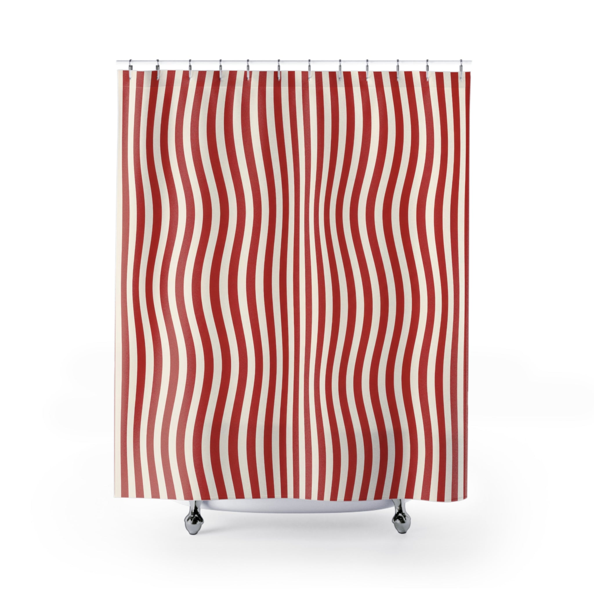 Red and White Striped Shower Curtain: Wavy Vertical Stripe