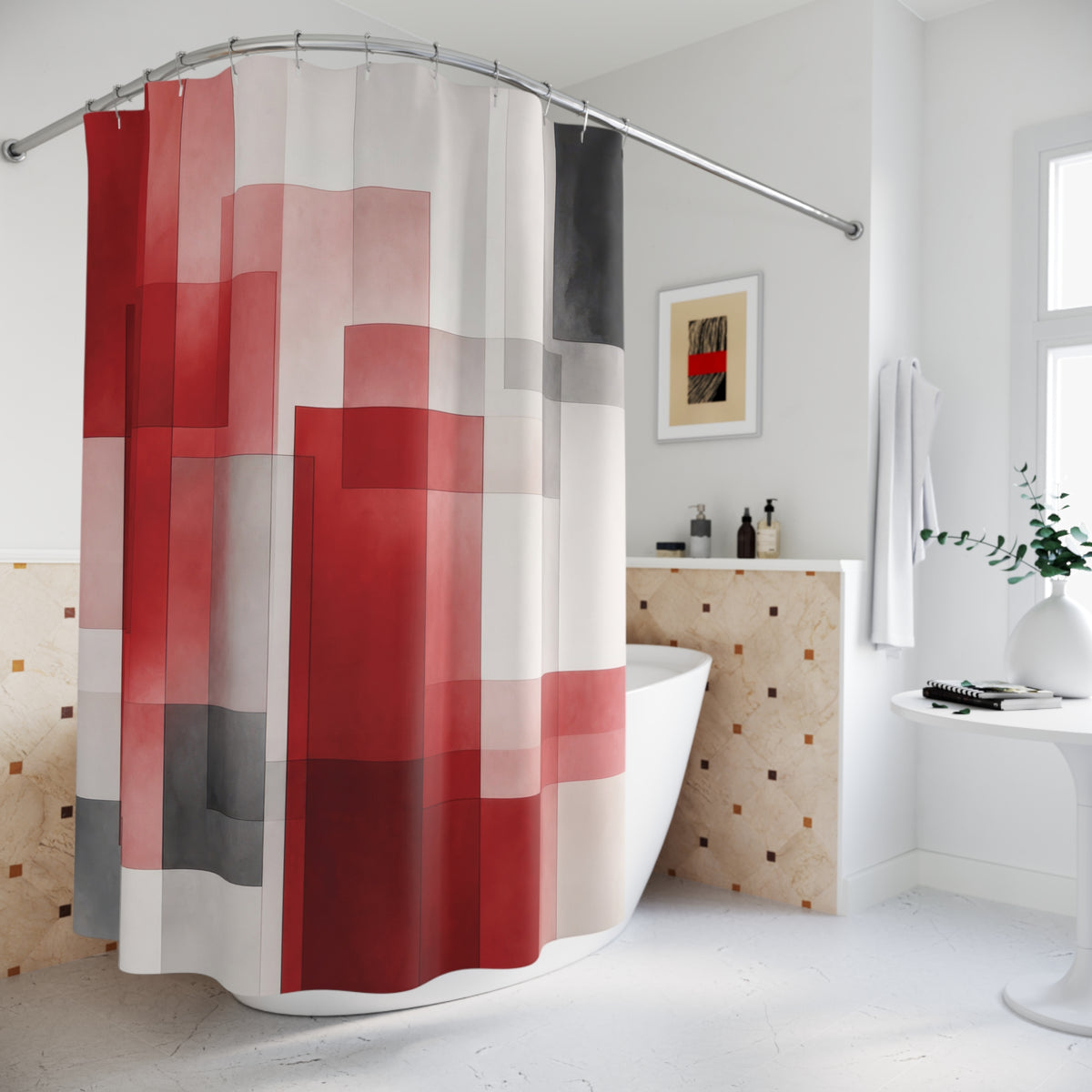 Red Gray Block Geometric Shower Curtain