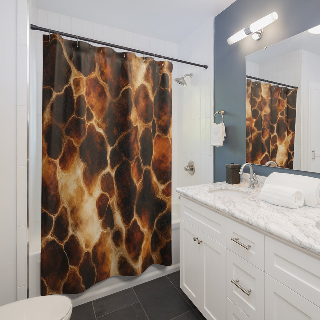 Dark Brown Amber Mottled abstract shower curtain beside a white vanity