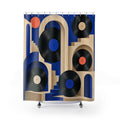 Vinyl records among cobalt and ivory arches shower curtain with full front view