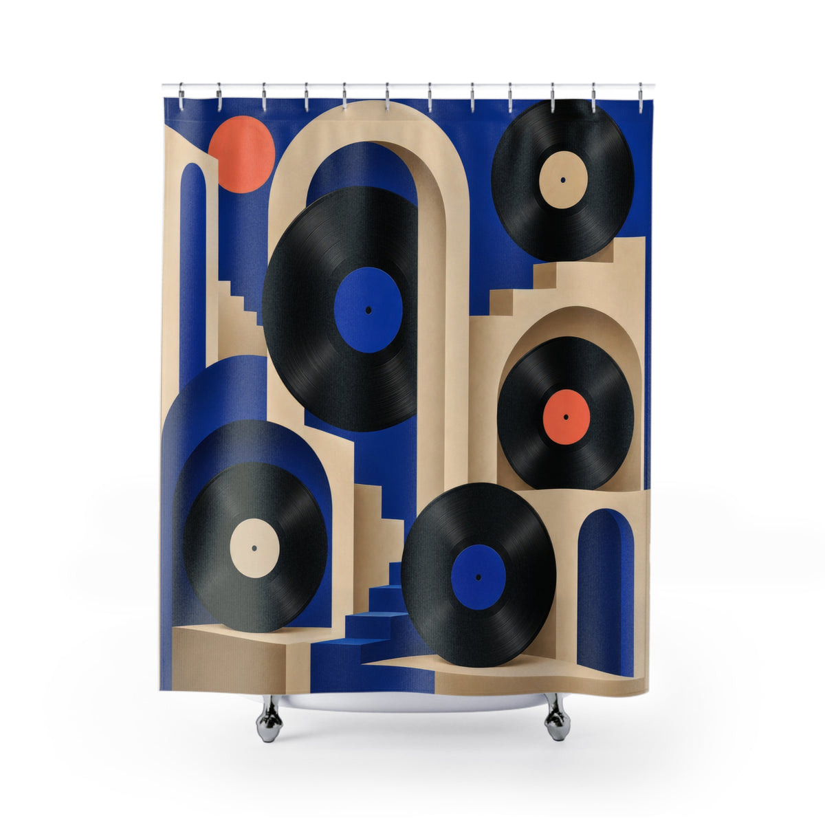 Vinyl records among cobalt and ivory arches shower curtain with full front view