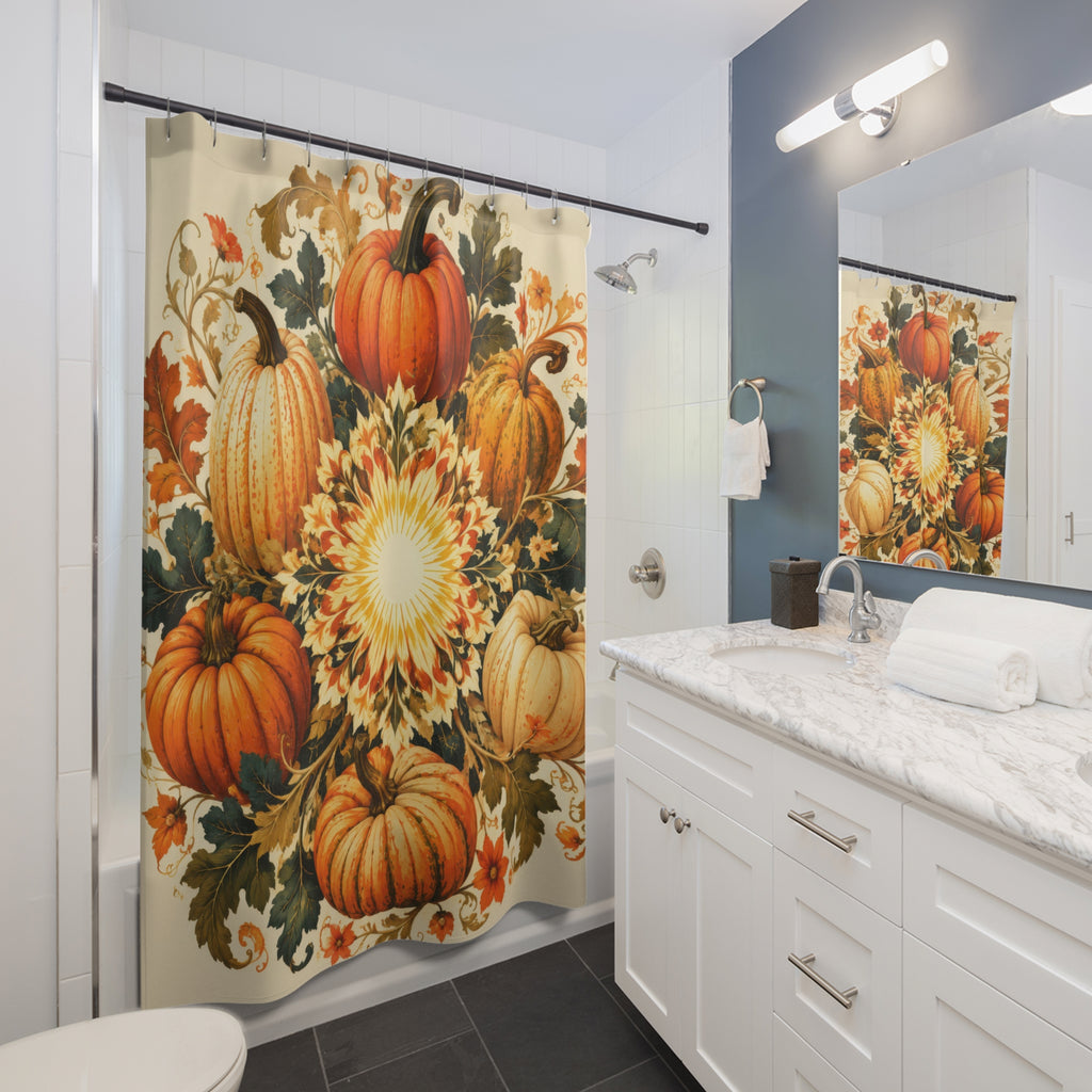 Orange pumpkin harvest rosette shower curtain beside a white vanity