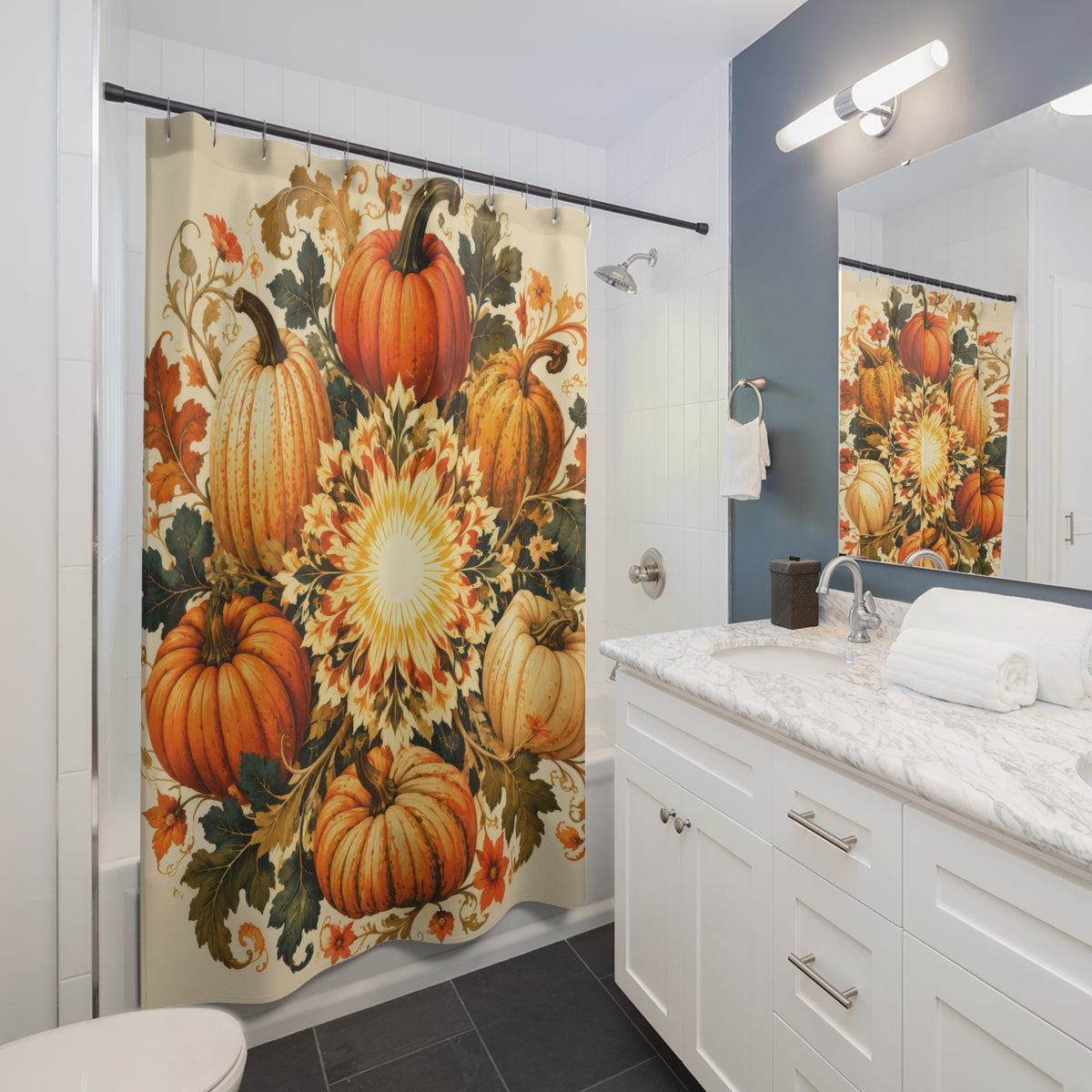 Orange pumpkin harvest rosette shower curtain beside a white vanity