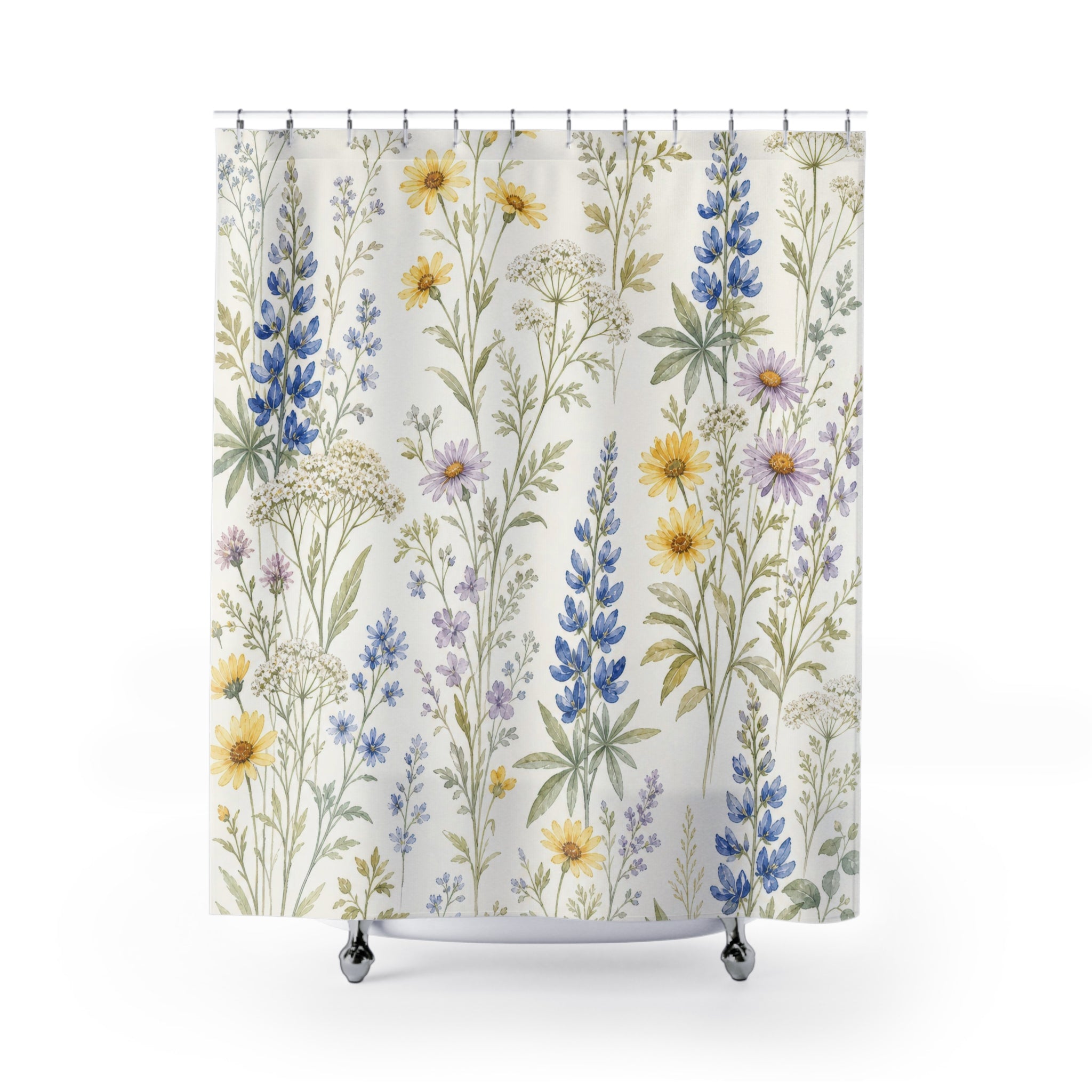 Blue Yellow Wildflower Watercolor Shower Curtain