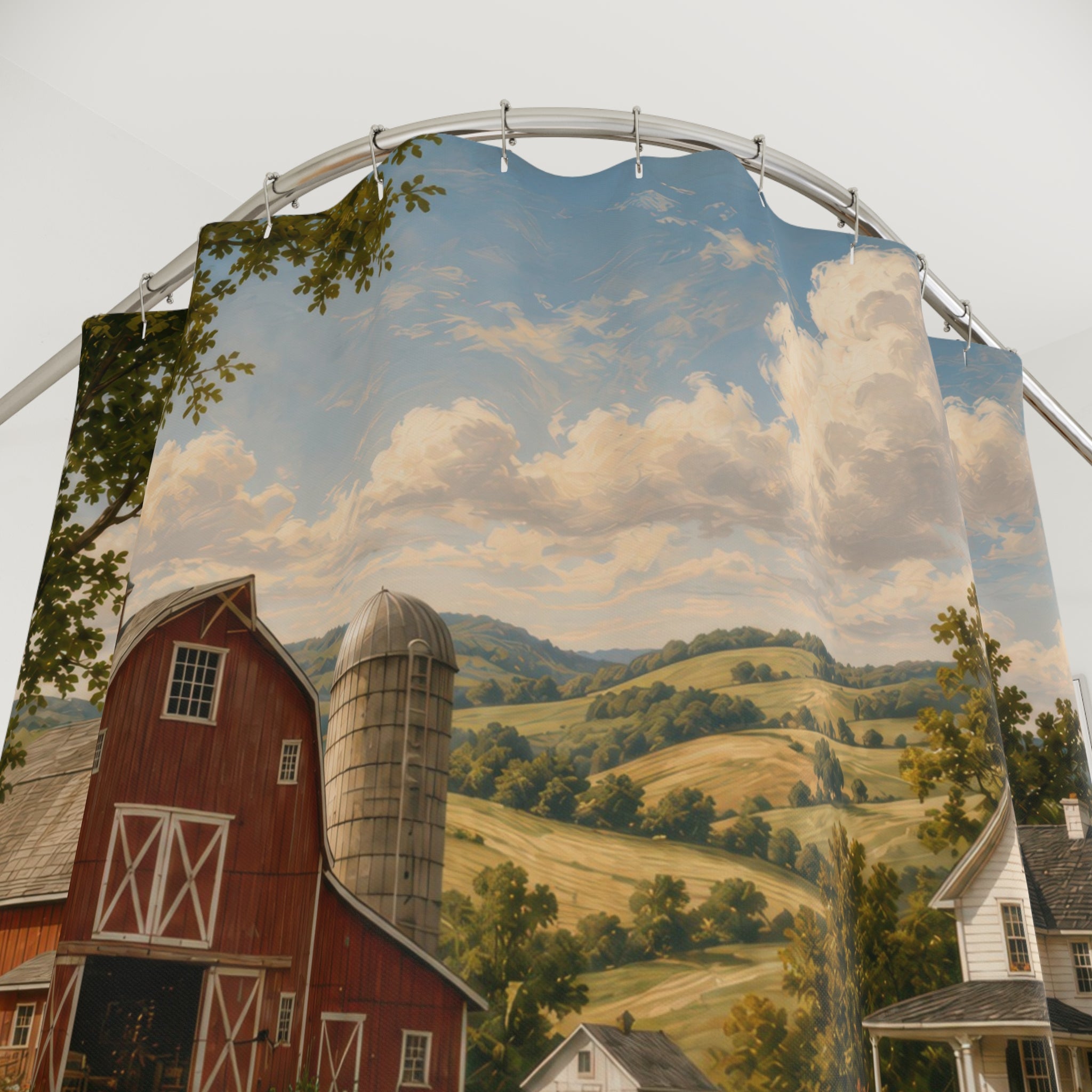 Red Barn Shower Curtain: Farmhouse Fields