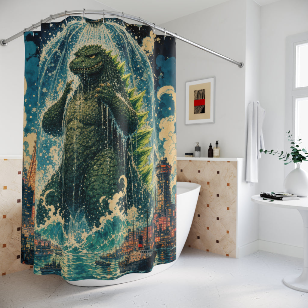 Unique Funny Dinosaur Shower Curtain, Kaiju Monster City Bath Art, Green Lizard Bathroom Humor, Kids Dorm Guest Bath Decor Gift For Home