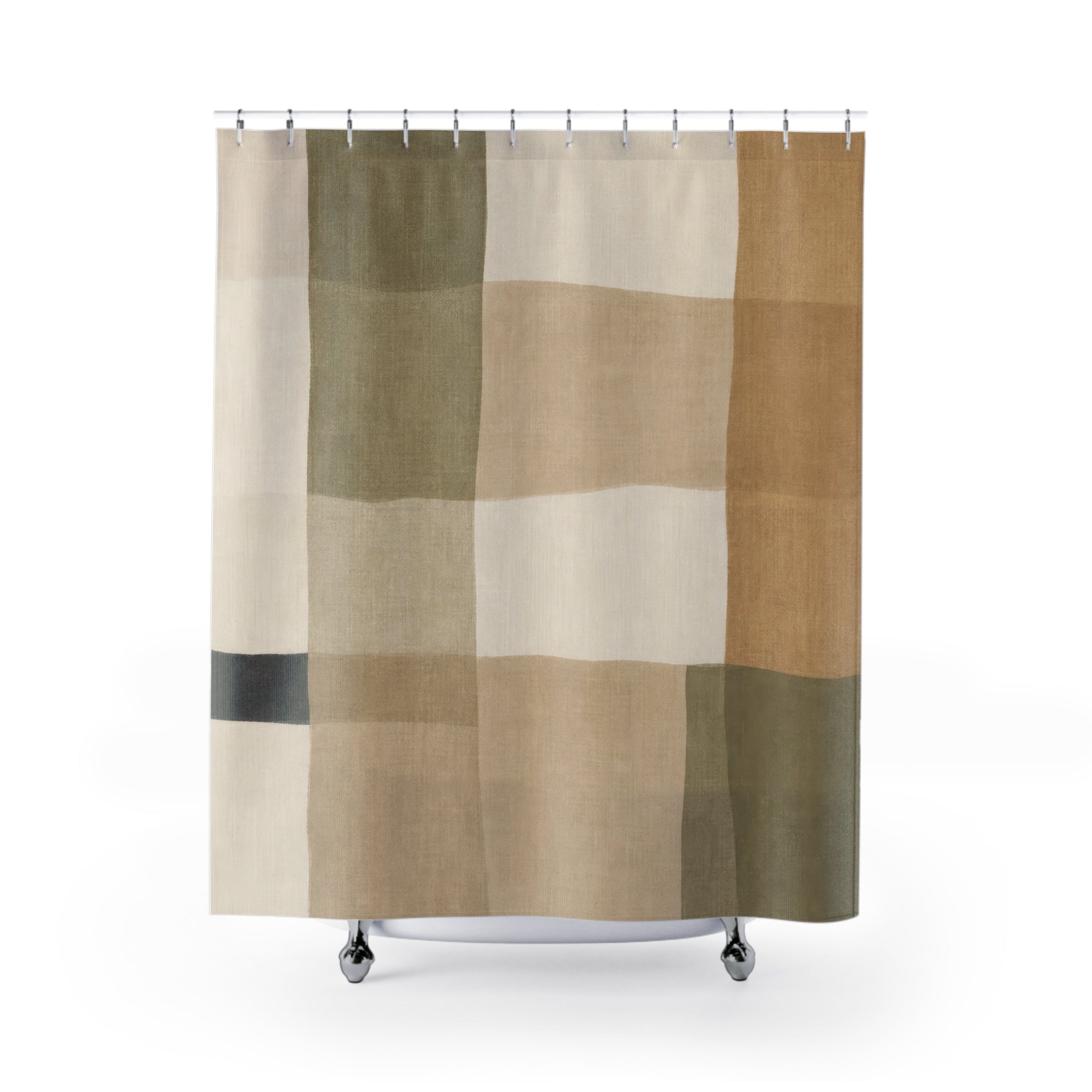 Checkered Shower Curtain, Sage Tan Soft Block Pattern, Green Beige Bathroom Decor, Modern Neutral Guest Bath Soft Farmhouse Style
