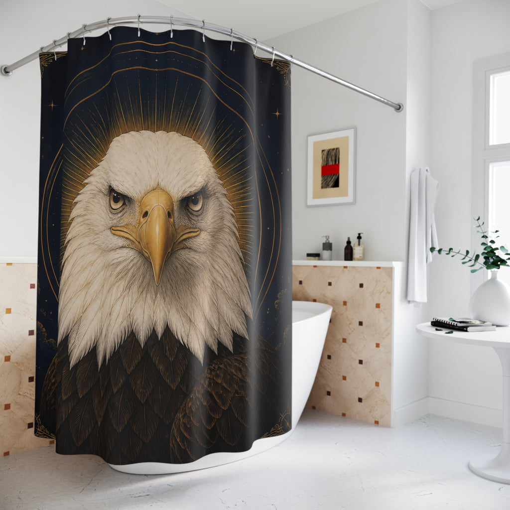 Regal bald eagle portrait on navy and gold shower curtain beside a freestanding tub