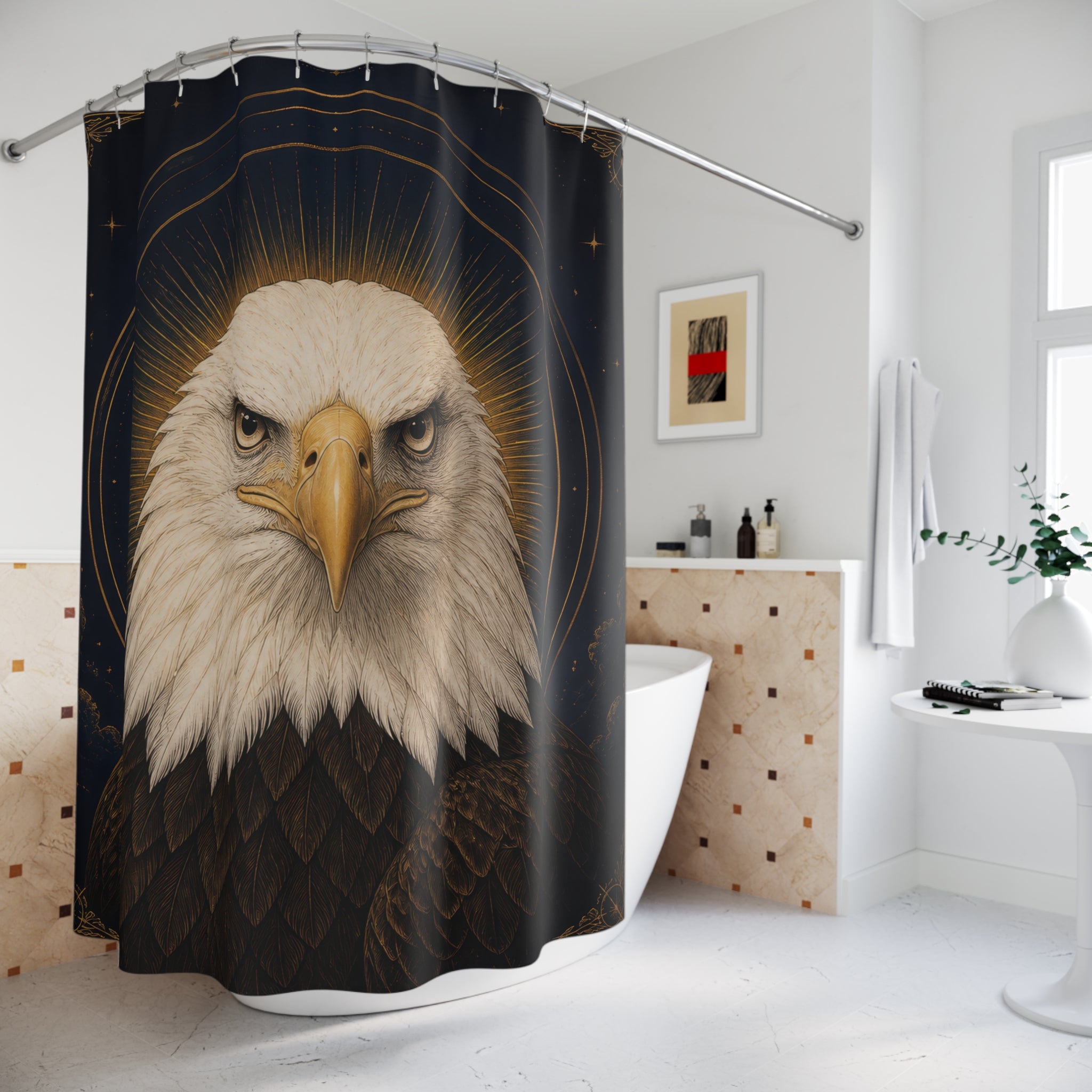 Regal bald eagle portrait on navy and gold shower curtain beside a freestanding tub
