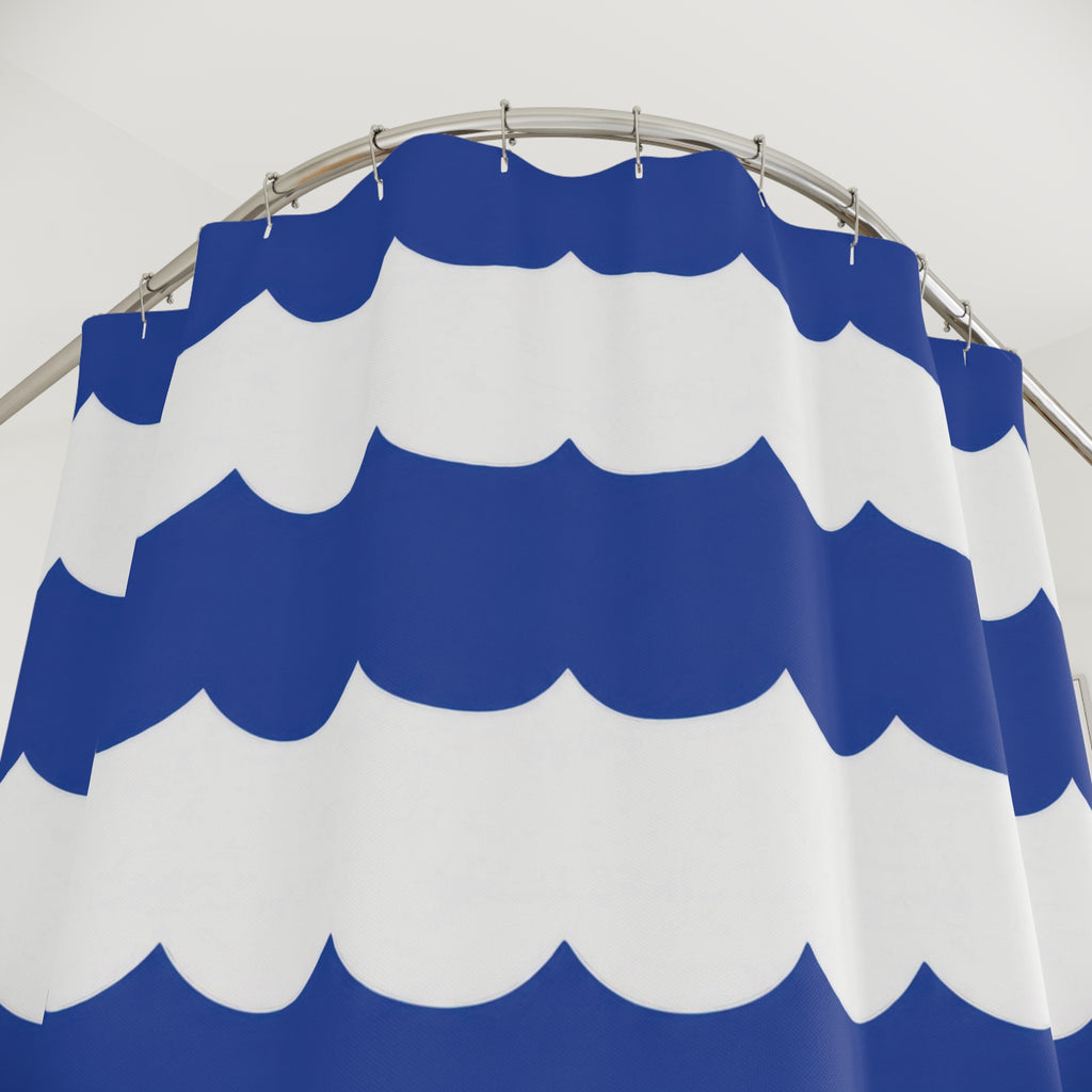Cobalt and white horizontal scalloped stripes shower curtain with close-up print, hooks, and folds