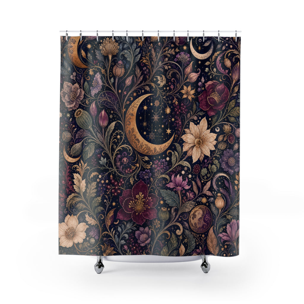 Unique Celestial Shower Curtain, Moon Floral Botanical Pattern, Purple Navy Star Decor, Moody Magical Guest Bath, Dark Floral Decor