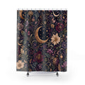 Unique Celestial Shower Curtain, Moon Floral Botanical Pattern, Purple Navy Star Decor, Moody Magical Guest Bath, Dark Floral Decor