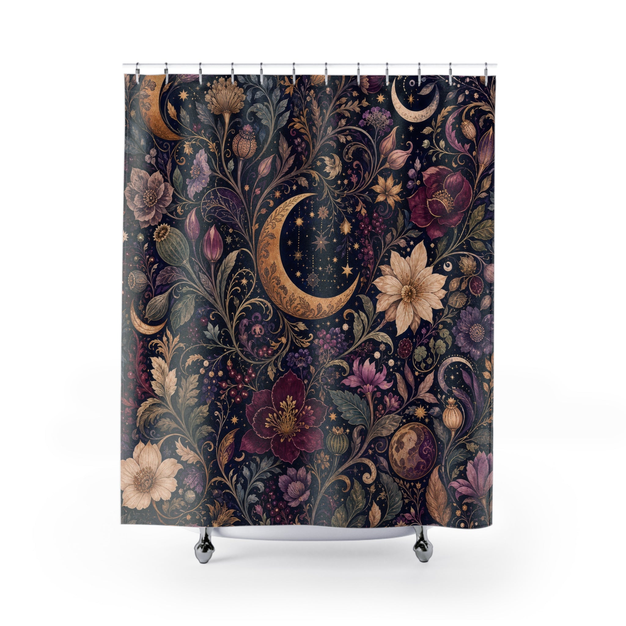 Unique Celestial Shower Curtain, Moon Floral Botanical Pattern, Purple Navy Star Decor, Moody Magical Guest Bath, Dark Floral Decor