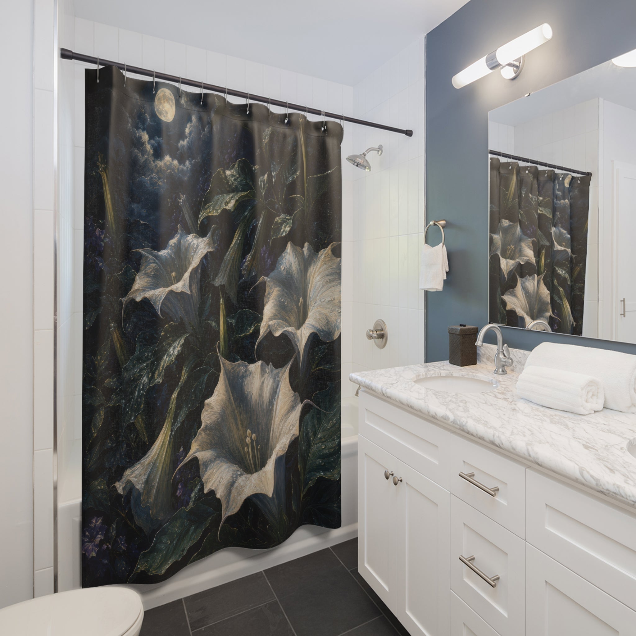 Dark Oil Moonlit Datura Shower Curtain