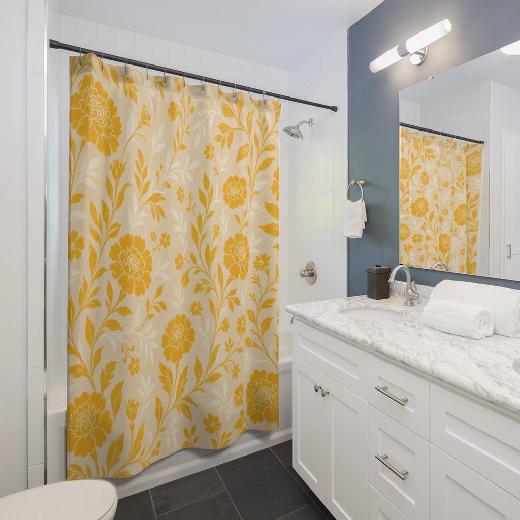 Beige Marigold Botanical Yellow Floral Shower Curtain