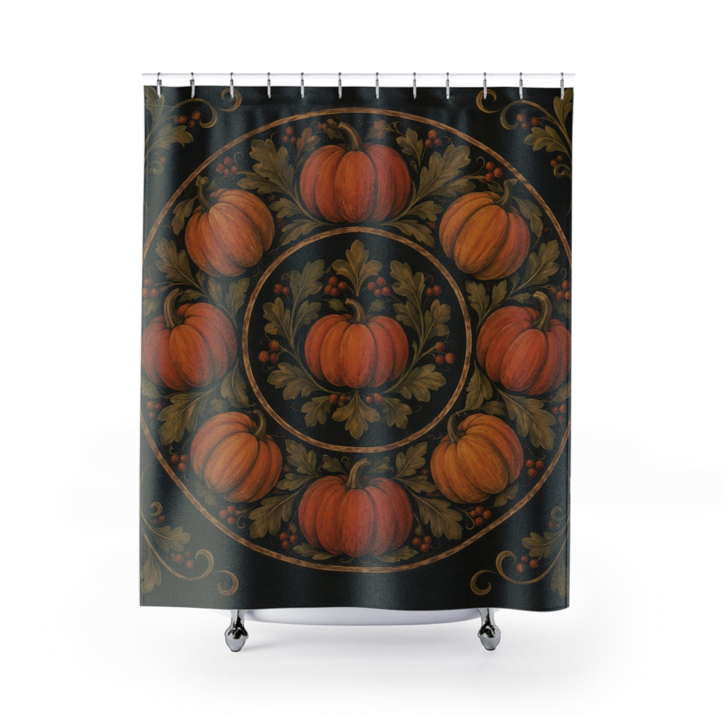 Orange pumpkins and olive leaves in an ochre medallion on black shower curtain with full front view
