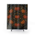 Orange pumpkins and olive leaves in an ochre medallion on black shower curtain with full front view