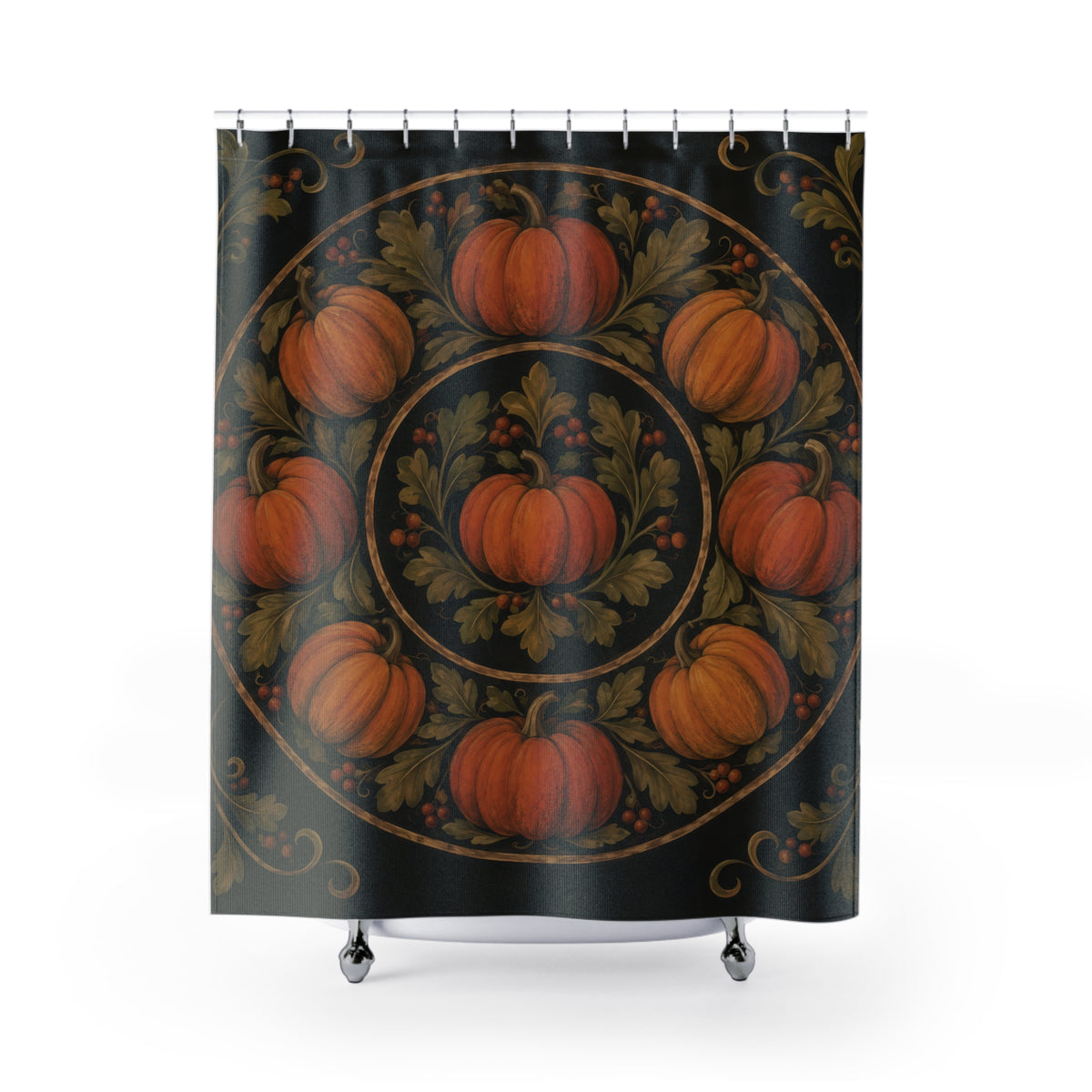 Orange pumpkins and olive leaves in an ochre medallion on black shower curtain with full front view