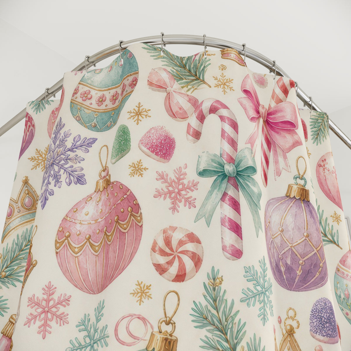 Pastel Nutcracker Ornament christmas pattern shower curtain with close-up print, hooks, and folds