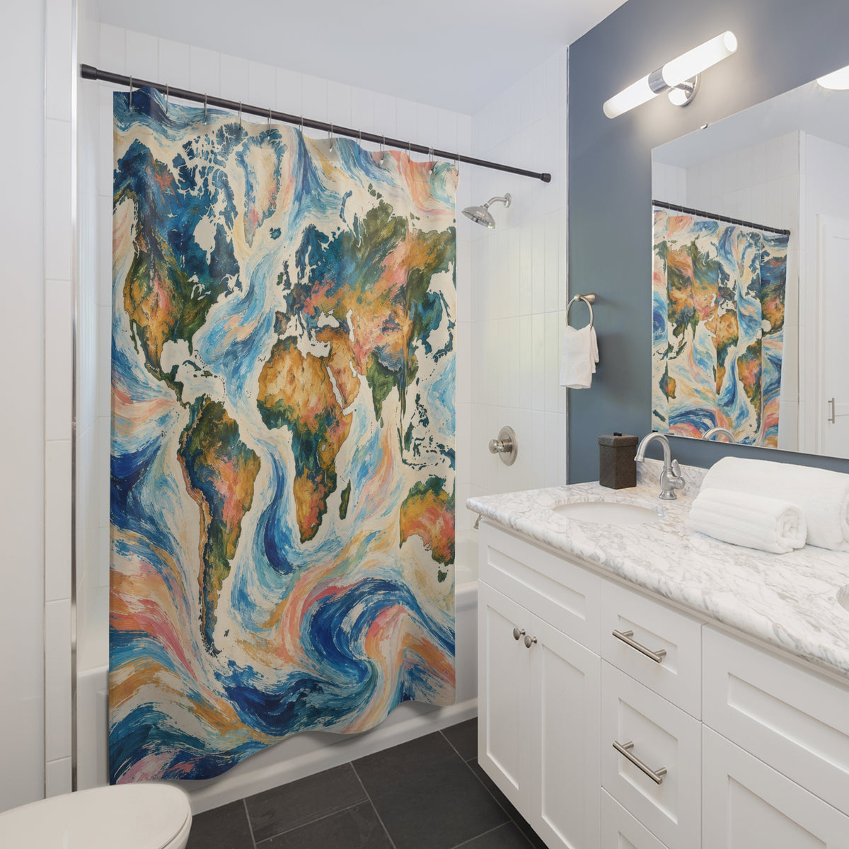Colorful world map amid blue and coral ocean swirls shower curtain beside a white vanity
