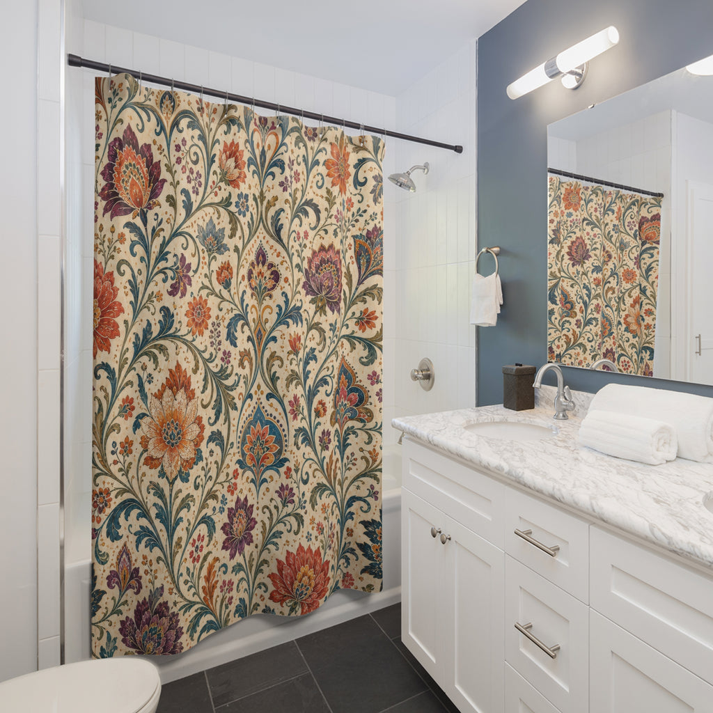 Ornate Vine Flower Boho Floral Shower Curtain