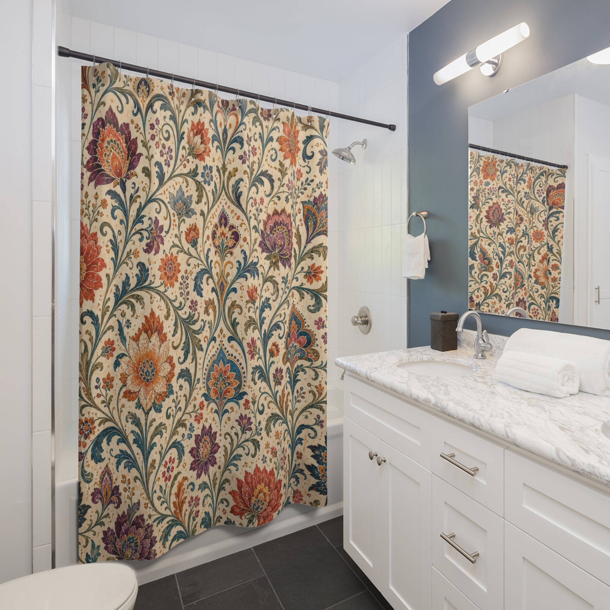 Ornate Vine Flower Boho Floral Shower Curtain