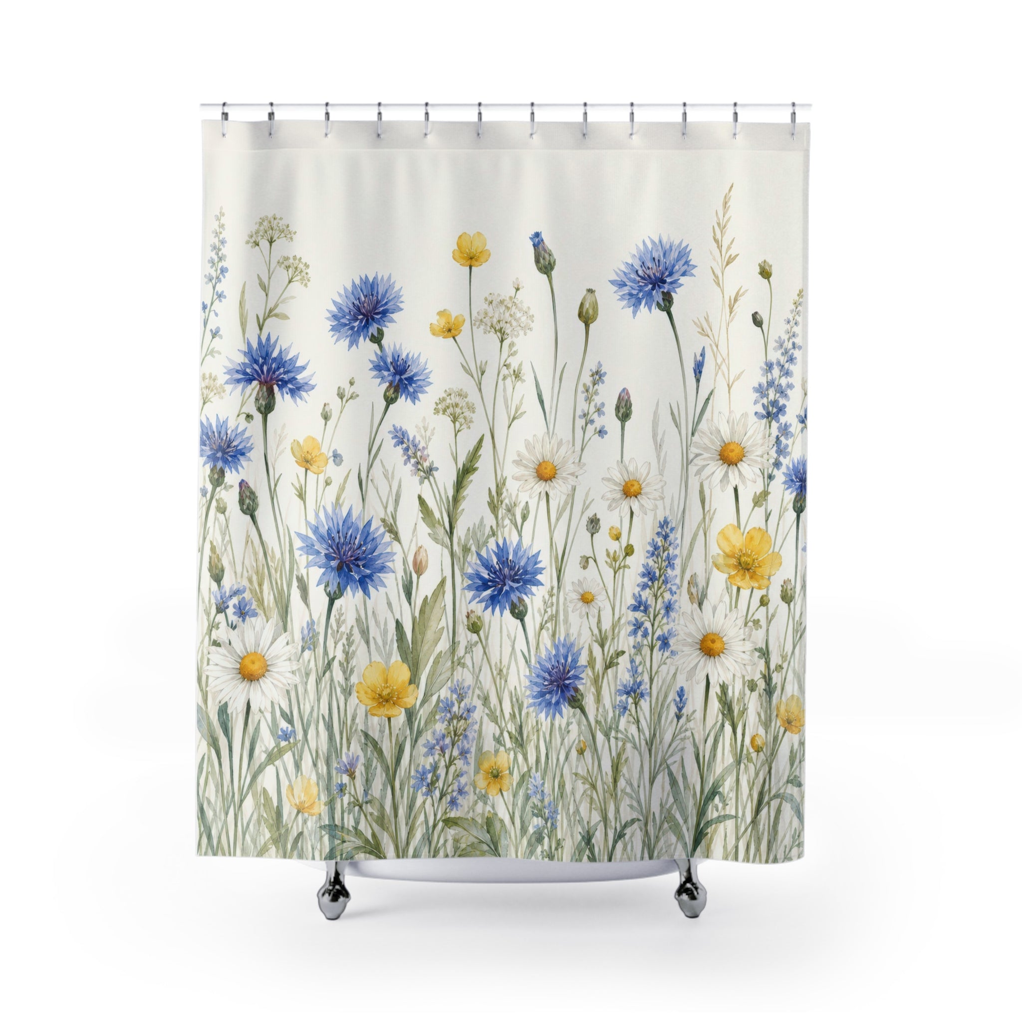 Blue Cornflower Daisy Watercolor Shower Curtain