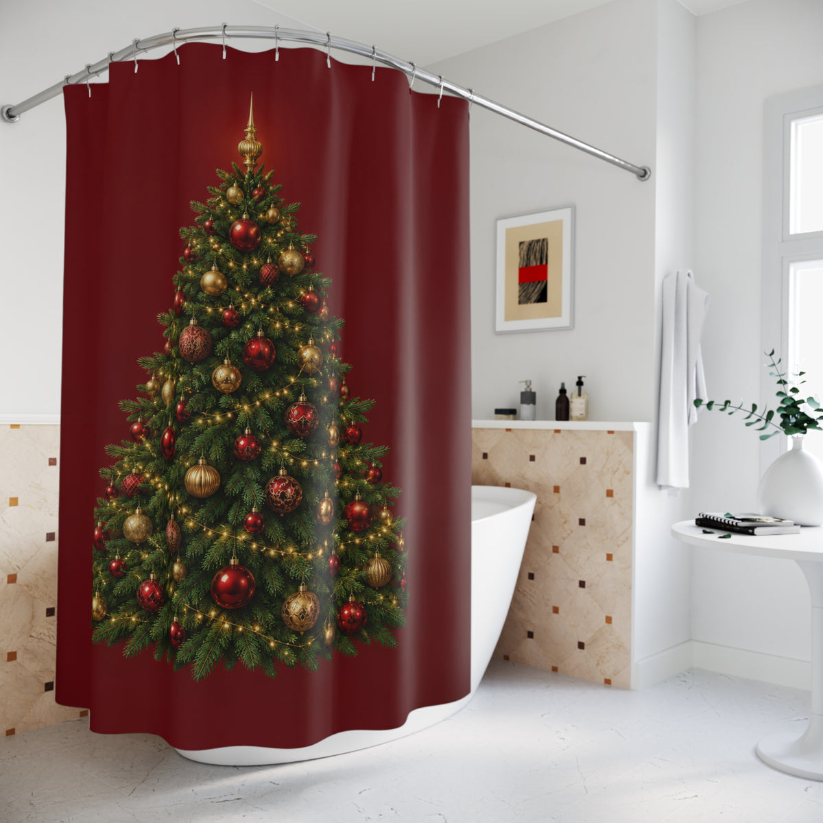 Green Christmas tree with gold baubles on garnet red shower curtain beside a freestanding tub