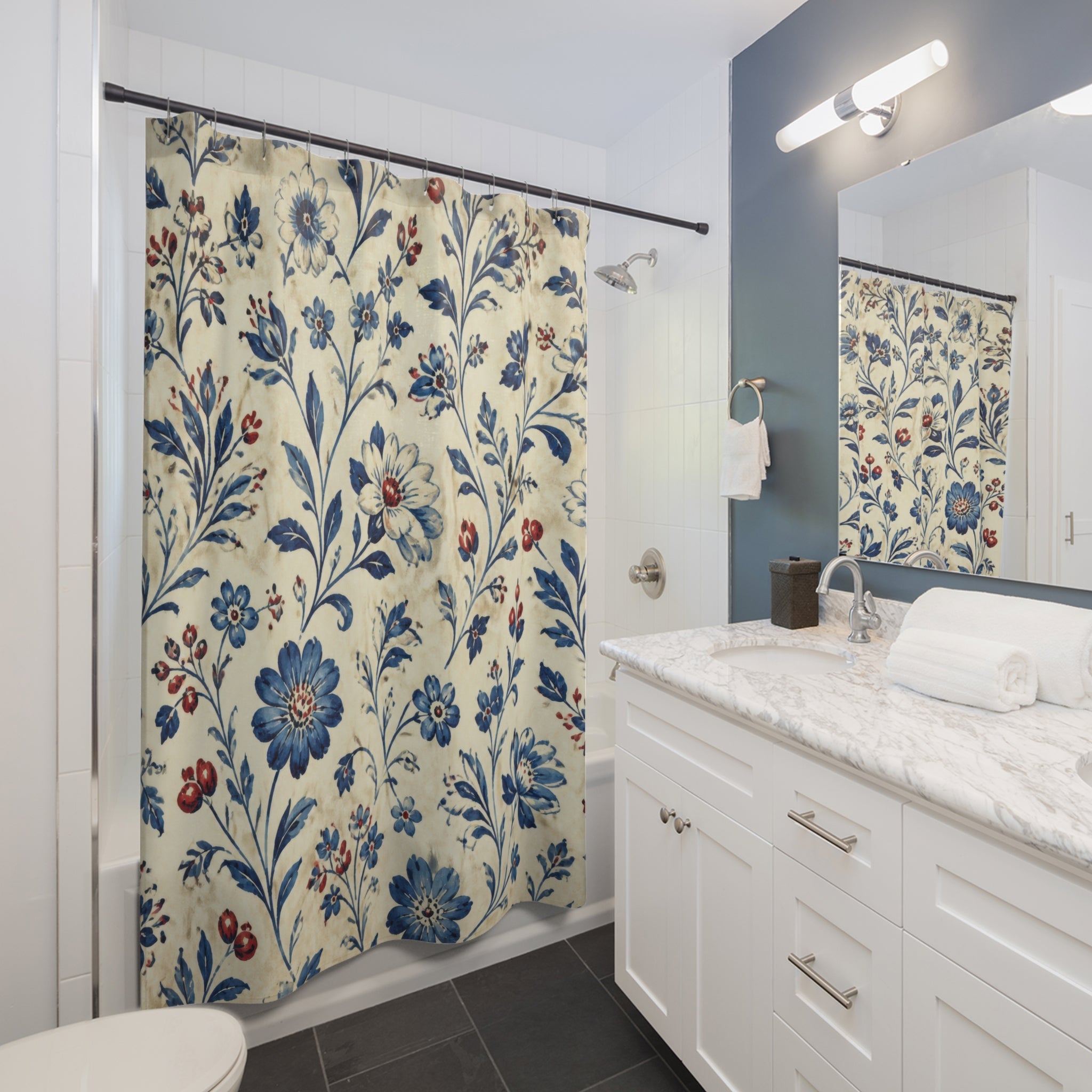Blue Country Vintage Floral Shower Curtain