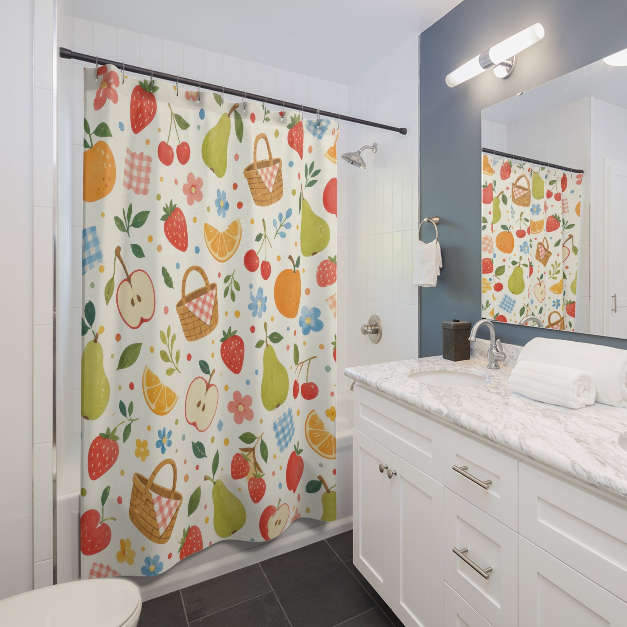 Kids Fruit Shower Curtain, Apple Pear Strawberry Snack Pattern, Colorful Kitchen Bathroom Decor, Playroom Kitchen Wall Guest Bath Gift