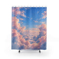 Pink cumulus clouds around an open blue sky shower curtain with full front view