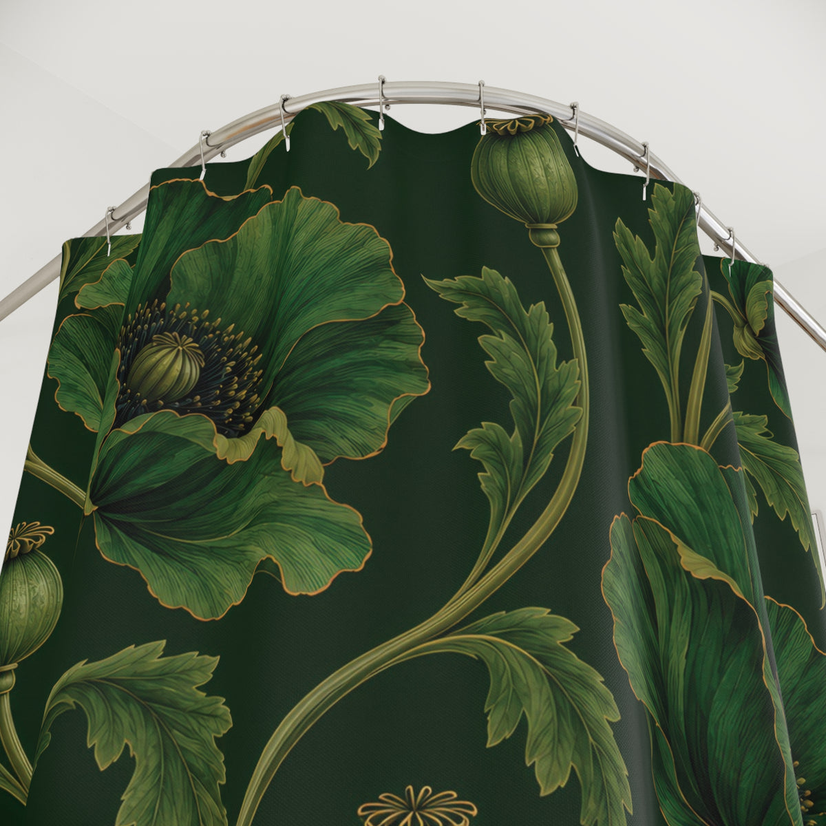 Green poppies and ochre lines on forest green shower curtain with close-up print, hooks, and folds