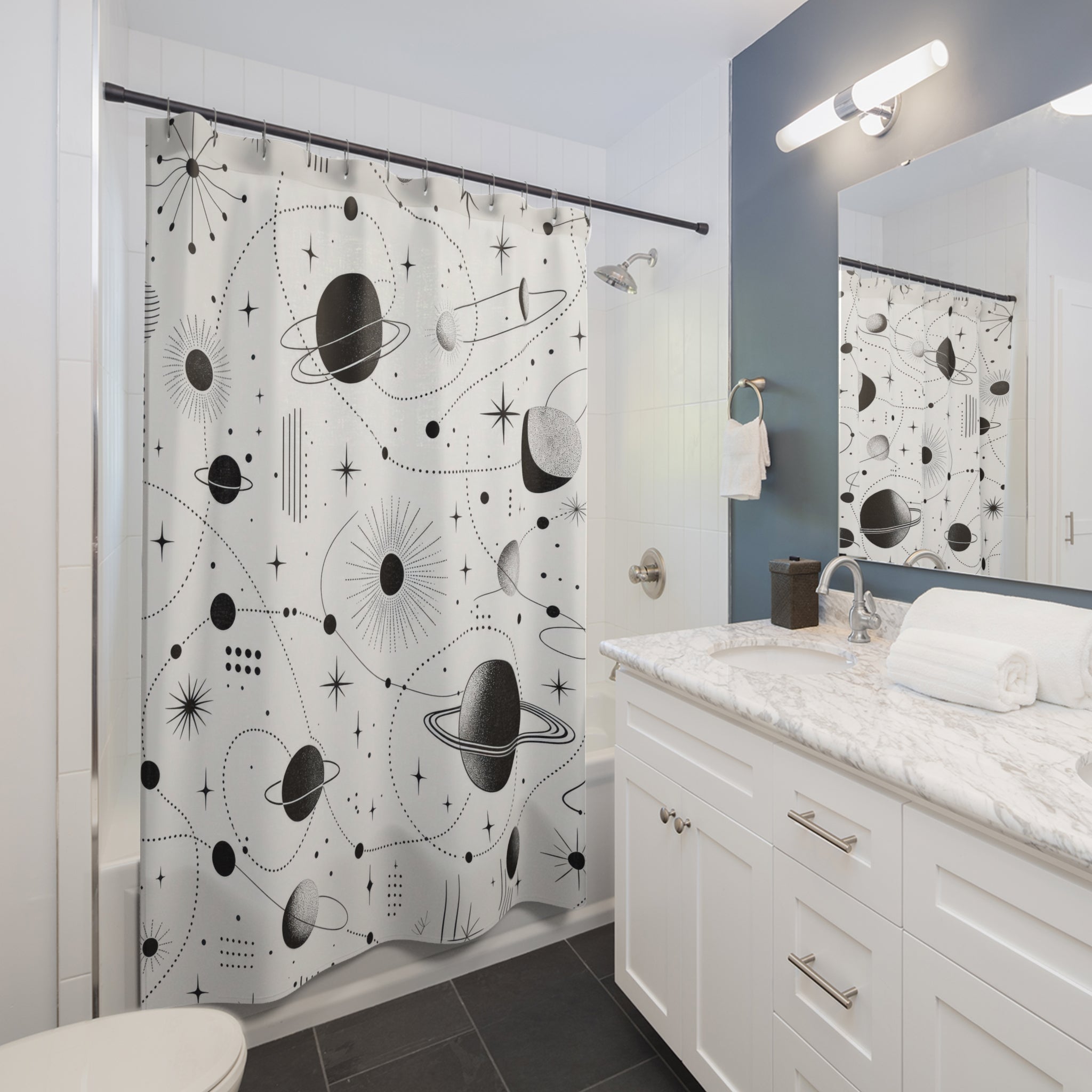 Black White Planet Shower Curtain