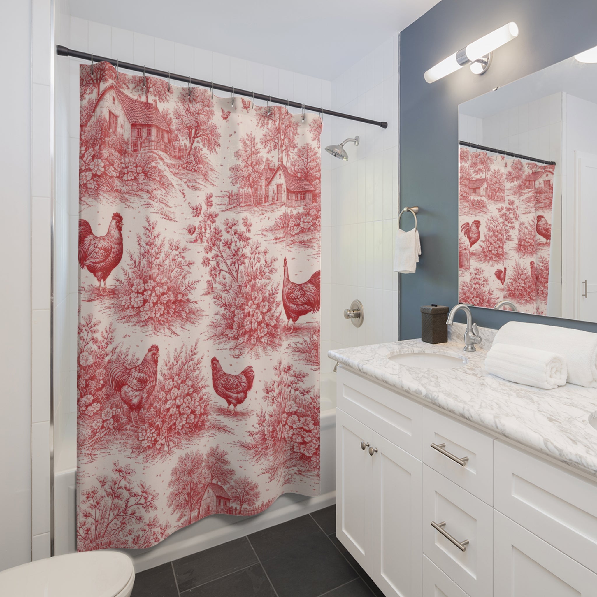 Red and White Toile Shower Curtain – French Country