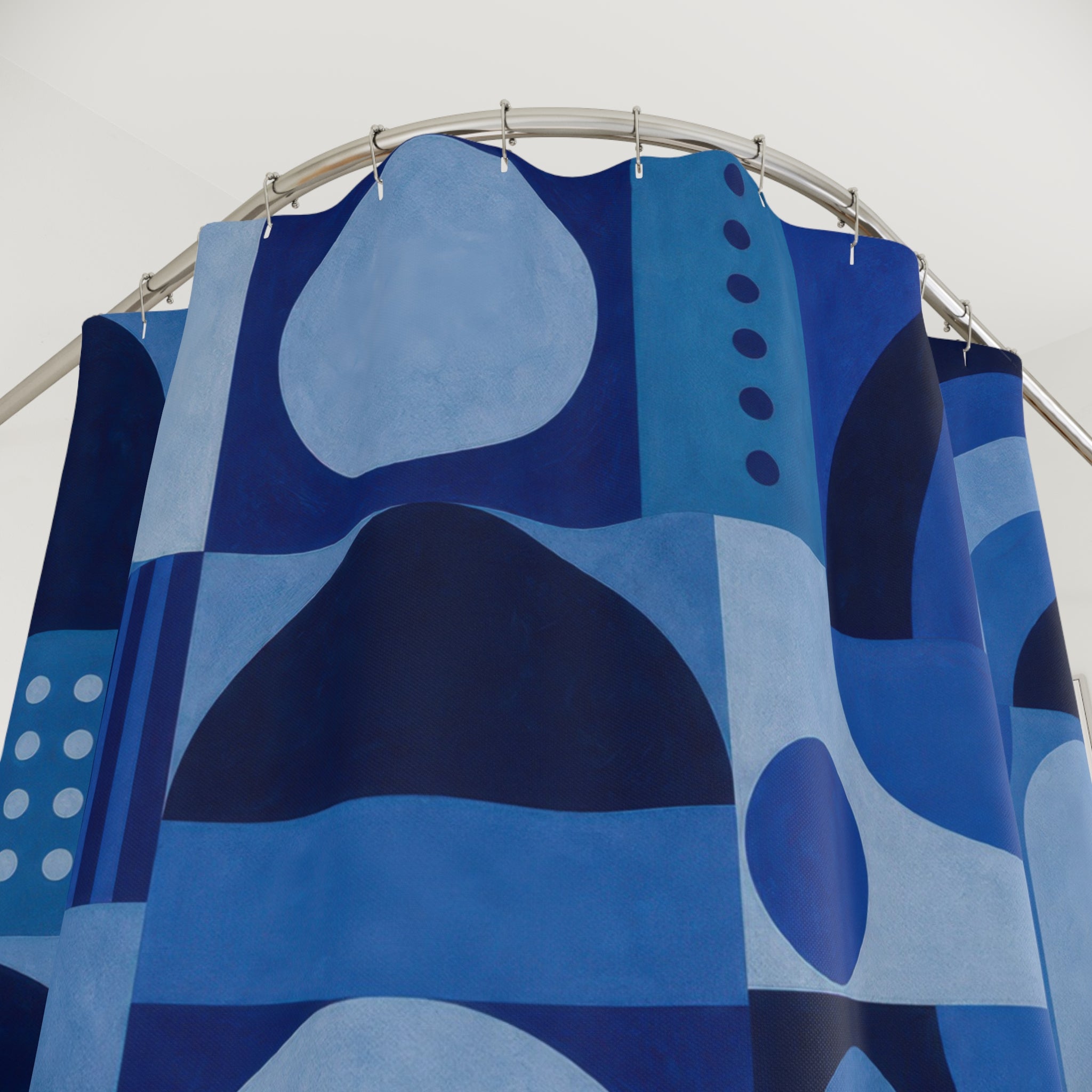 Navy Geometric Shower Curtain, Navy Blue Modern Bathroom Decor, Geometric Pattern Bath Curtain, Guest Bath Decor, Small Bathroom Decor