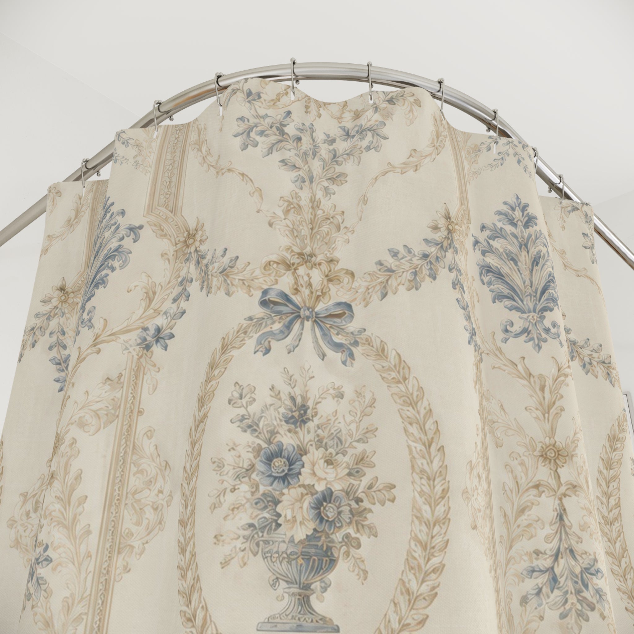 French Country Shower Curtain: Blue Beige Vintage Damask