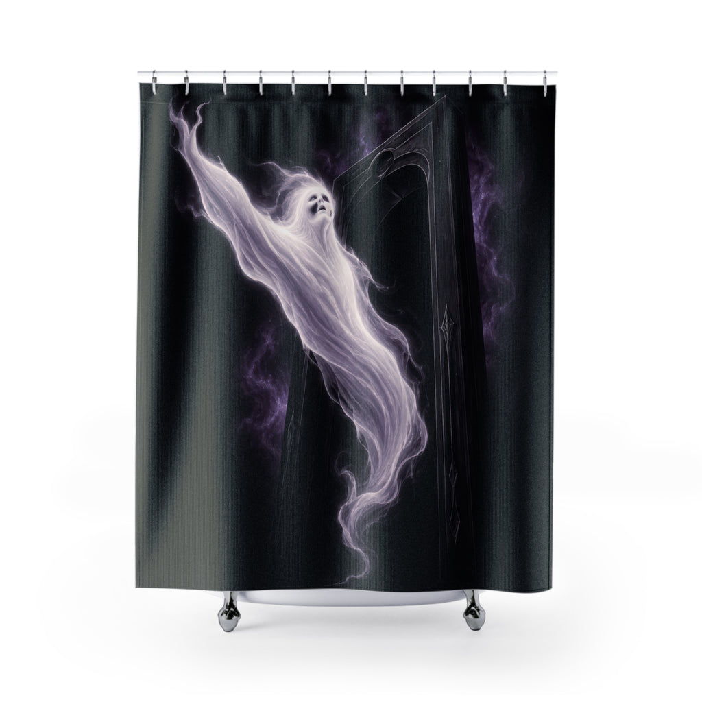 Pearl white ghost emerging from a black threshold shower curtain with full front view