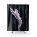 Pearl white ghost emerging from a black threshold shower curtain with full front view
