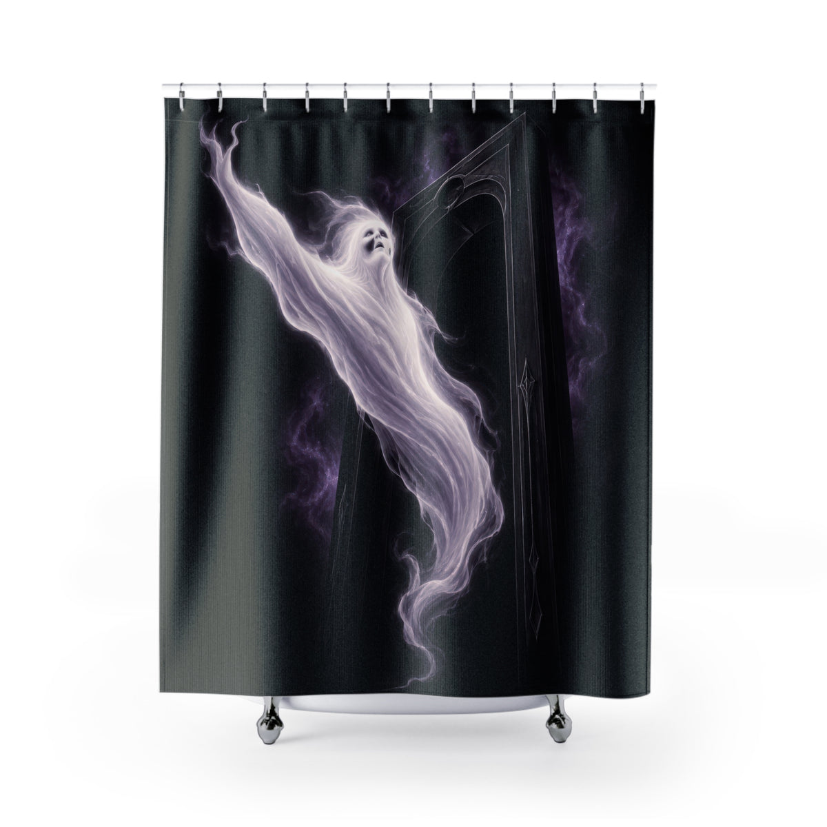 Pearl white ghost emerging from a black threshold shower curtain with full front view