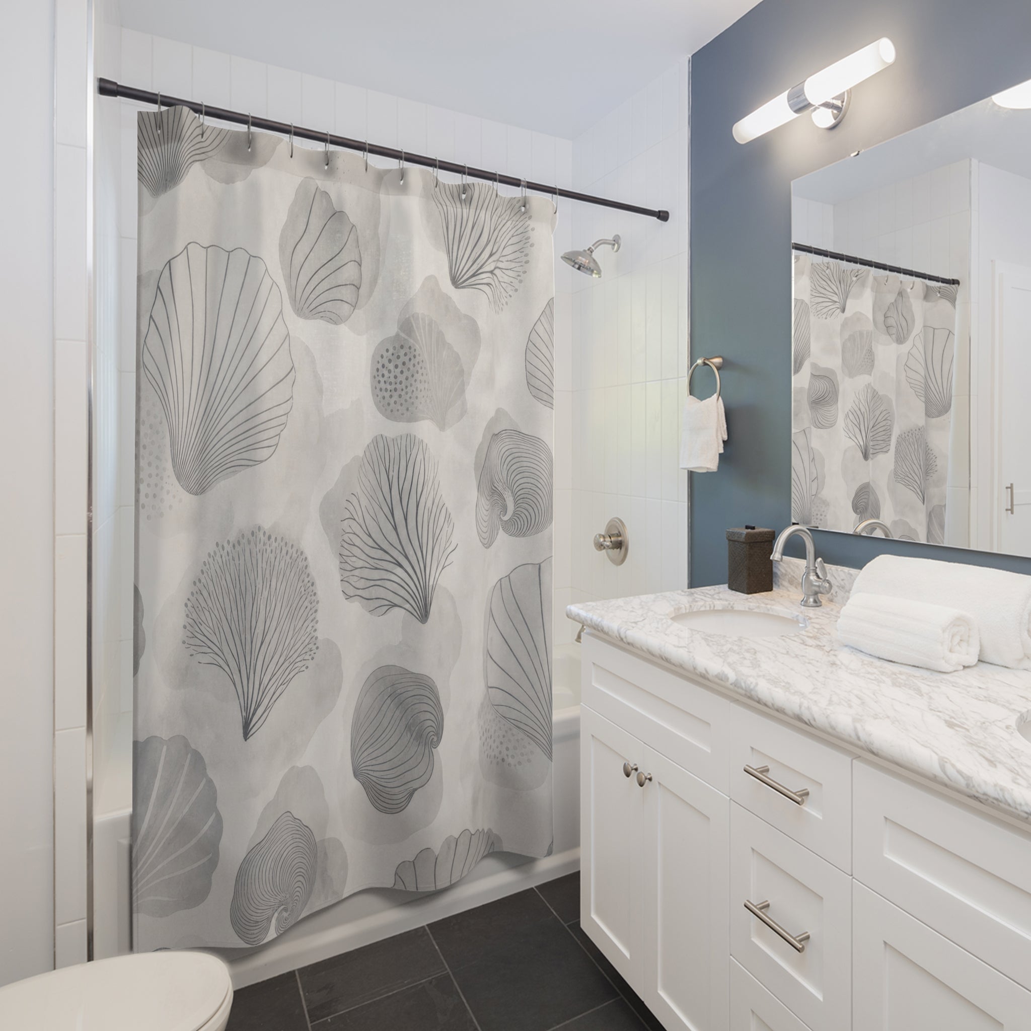 Grey Coastal Seashell Shower Curtain