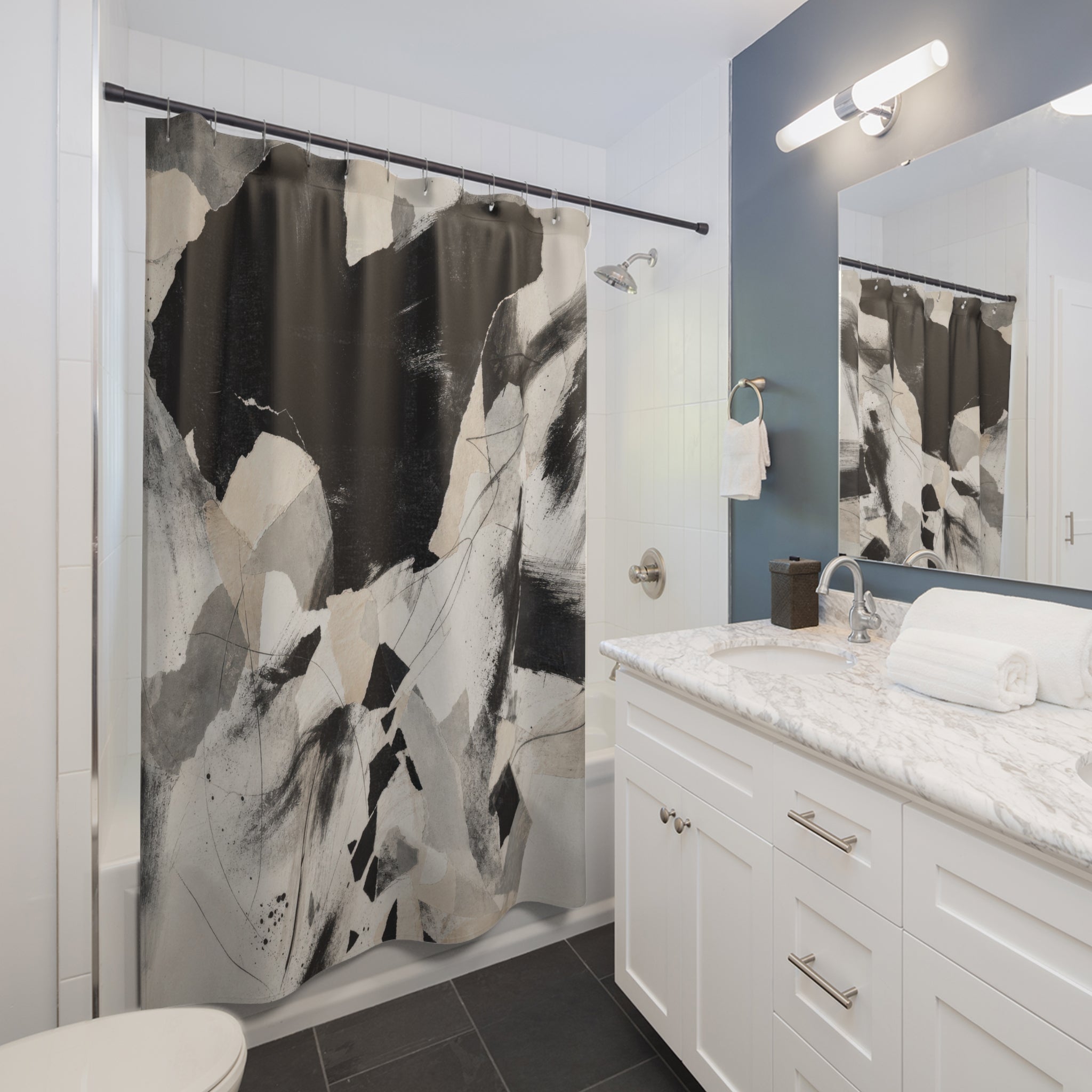Black White Torn Paper Collage Shower Curtain