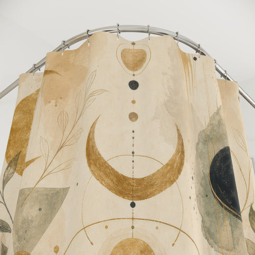 Alchemy decorative printed shower curtain with close-up print, hooks, and folds
