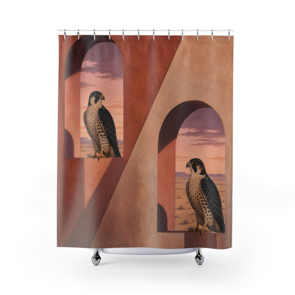 Two falcons perched inside terracotta desert adobe arches shower curtain, full front view