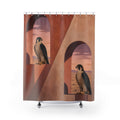 Two falcons perched inside terracotta desert adobe arches shower curtain, full front view
