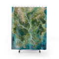 Green watershed watercolor map shower curtain with full front view
