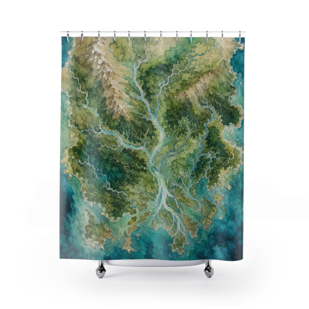 Green watershed watercolor map shower curtain with full front view