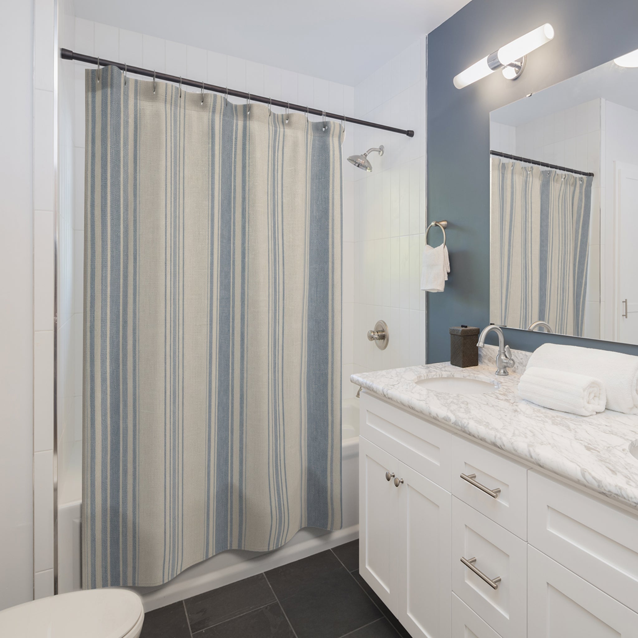 Blue Striped Shower Curtain, Gray White Bath Decor, Pale Blue Vertical Stripe Pattern, Soft Neutral Guest Bathroom Decor, Calm Blue Style