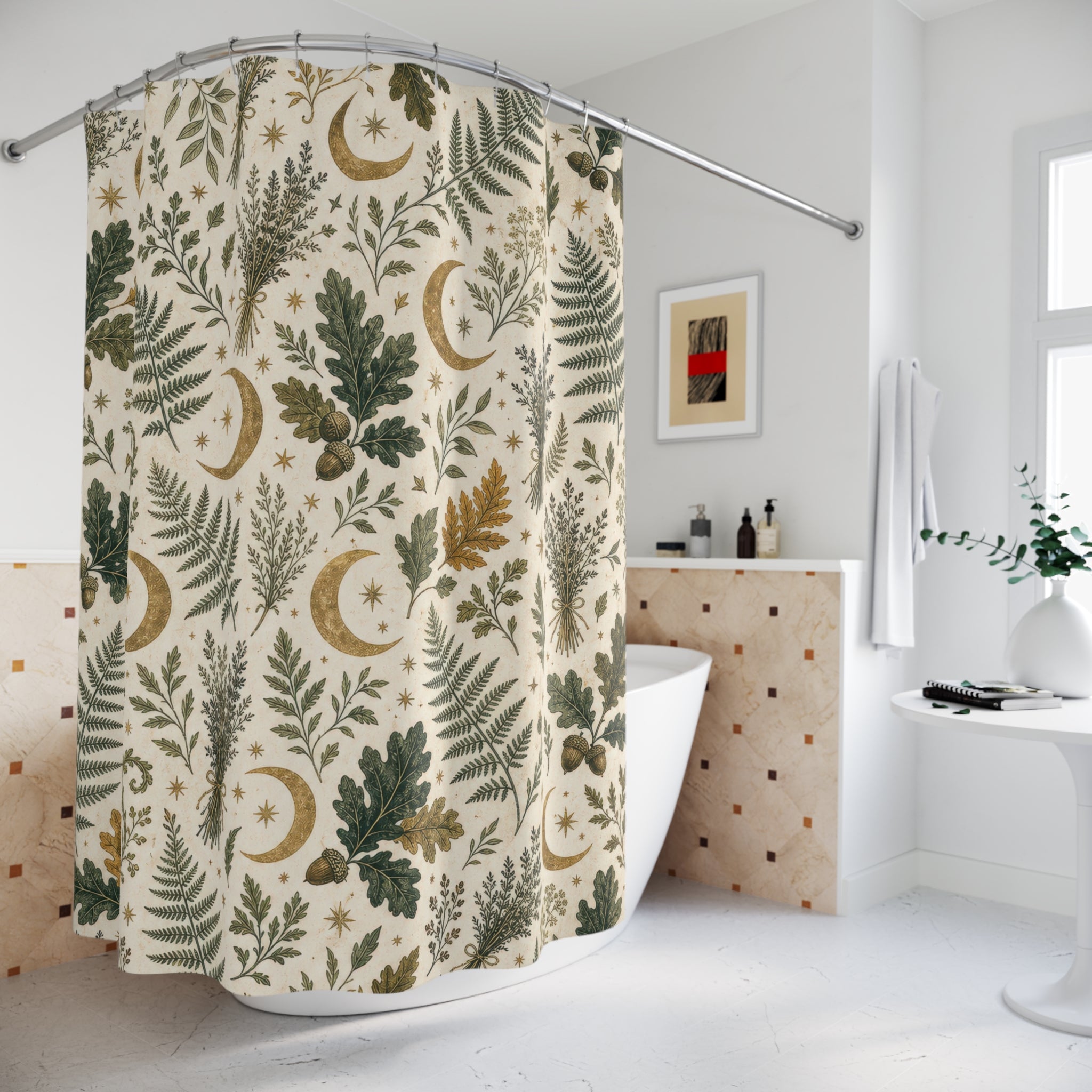 Witchy Botanical Shower Curtain, Moon Fern Bath Decor, Green Oak Leaf Herb Pattern, Cream Sage Celestial Nature Guest Bathroom Decor